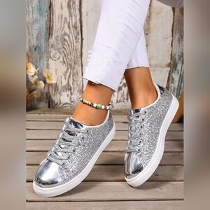 Silver Sequins Lace Up Women's Sneakers